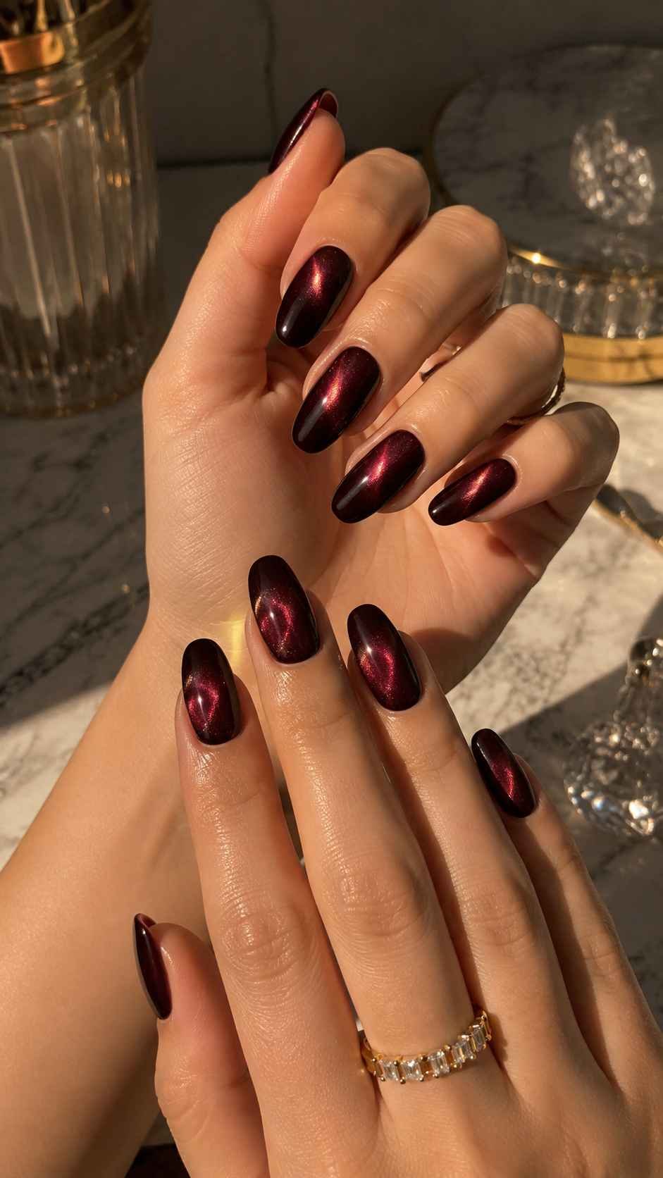 Black Cherry Velvet Nails With Magnetic Depth