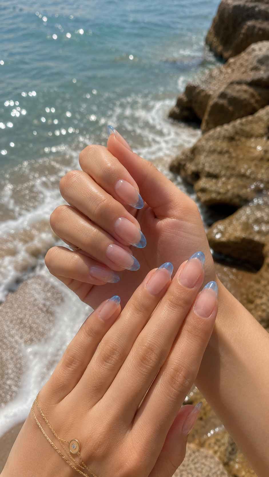 Coastal Glass French Nails With Transparent Blue Tips