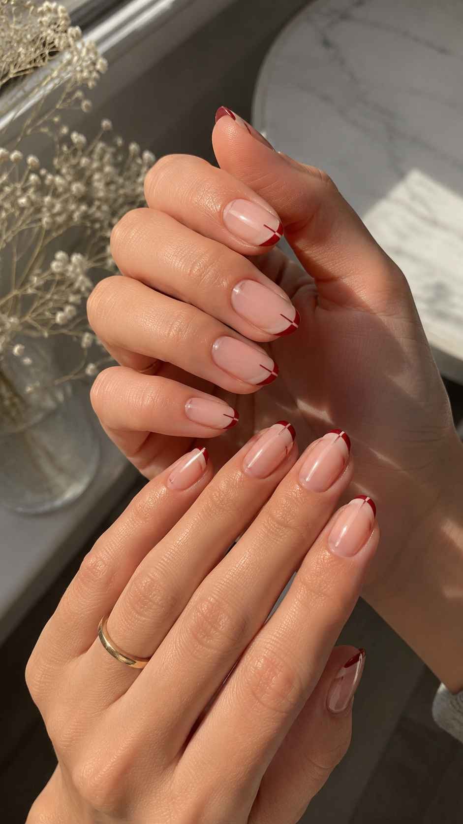 Crimson Micro French Nails With Tailored Lines