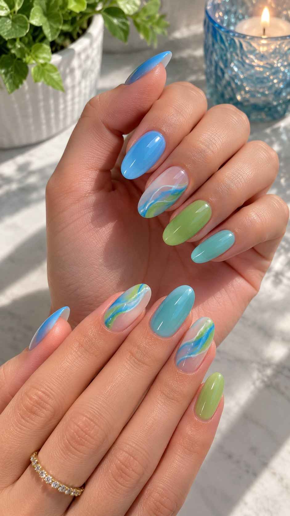 Fresh Blue and Green Acrylic Nail Ideas