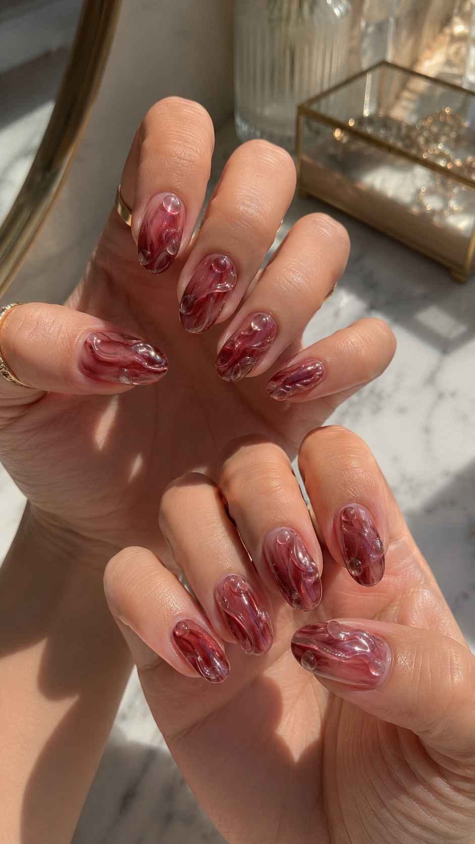 Garnet Clear Nails With Sculptural Texture