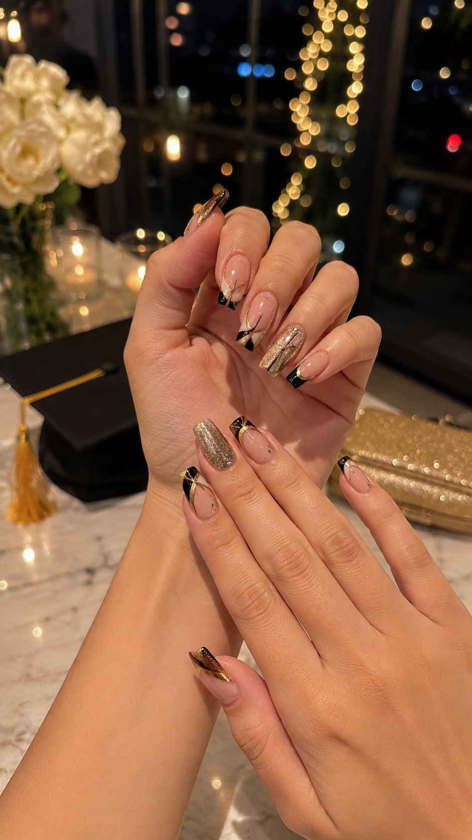 Glam Graduation Nails for an Evening Celebration