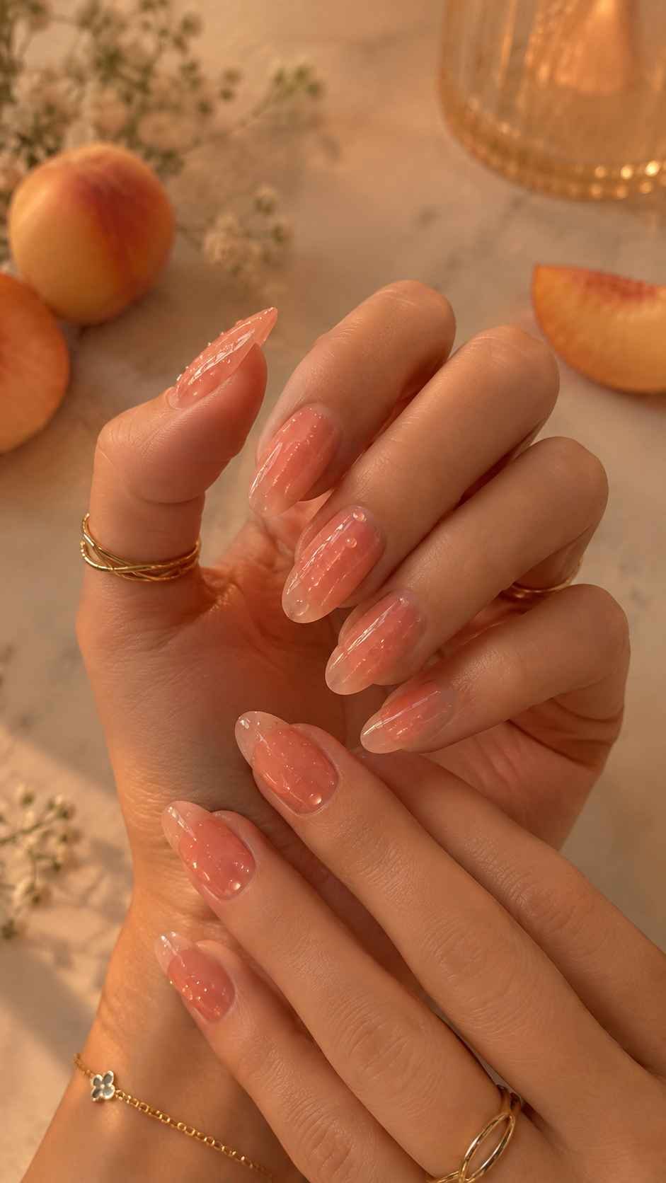 Peach Nectar Nails With Glossy Water Drops