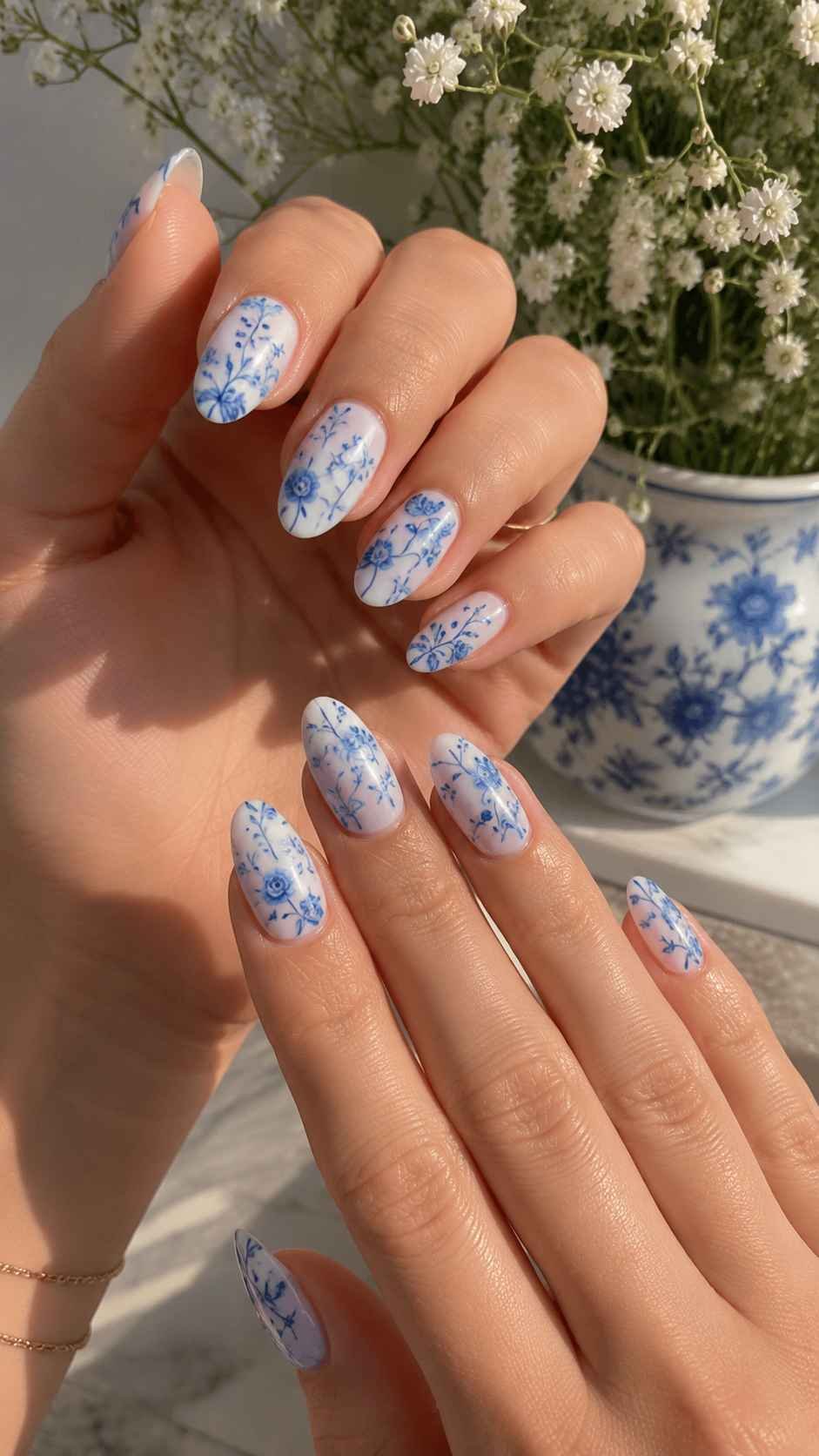 Porcelain Garden Nails With Fine Blue Botanicals