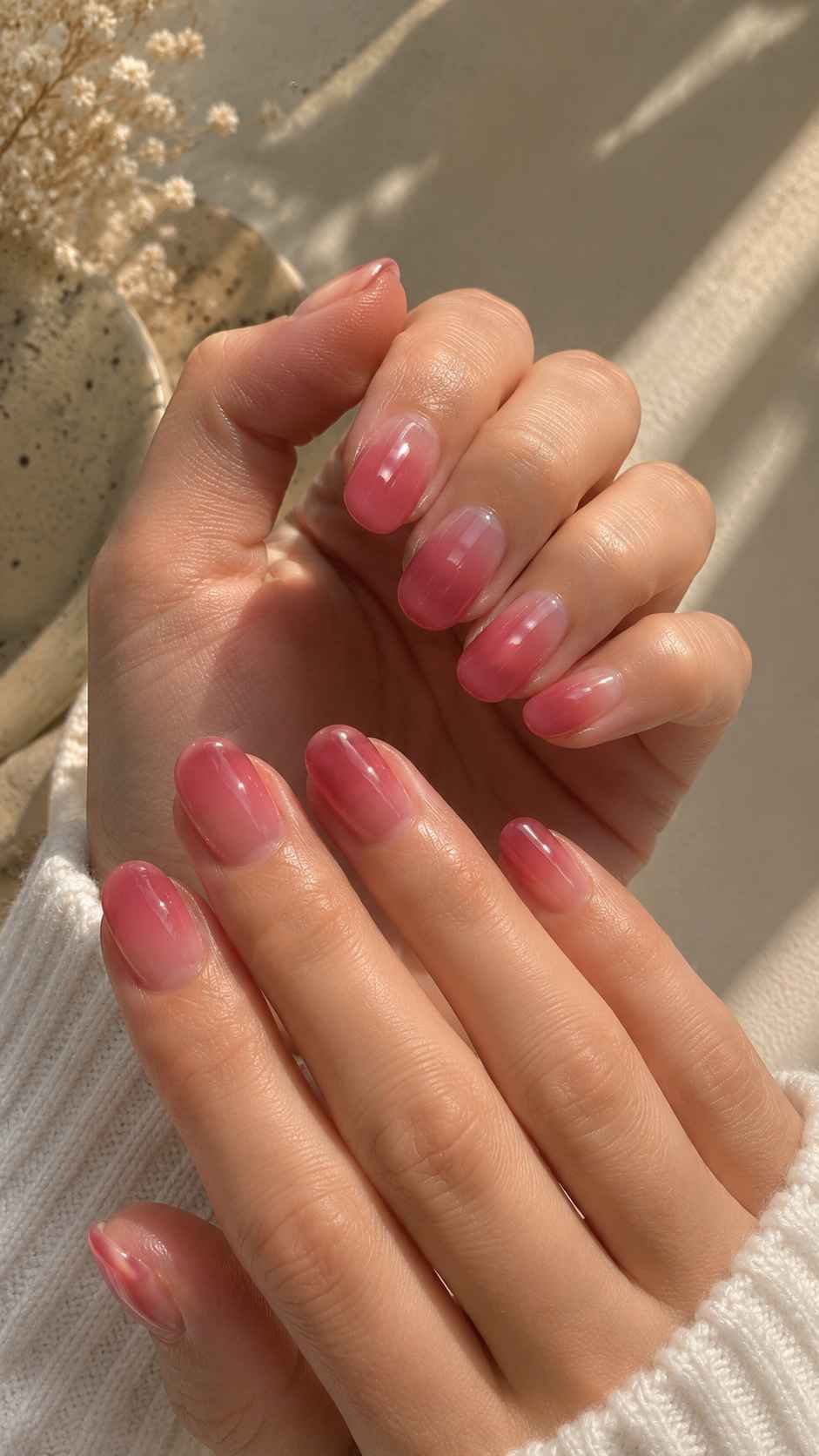 Raspberry Sorbet With a Clear Cuticle Fade