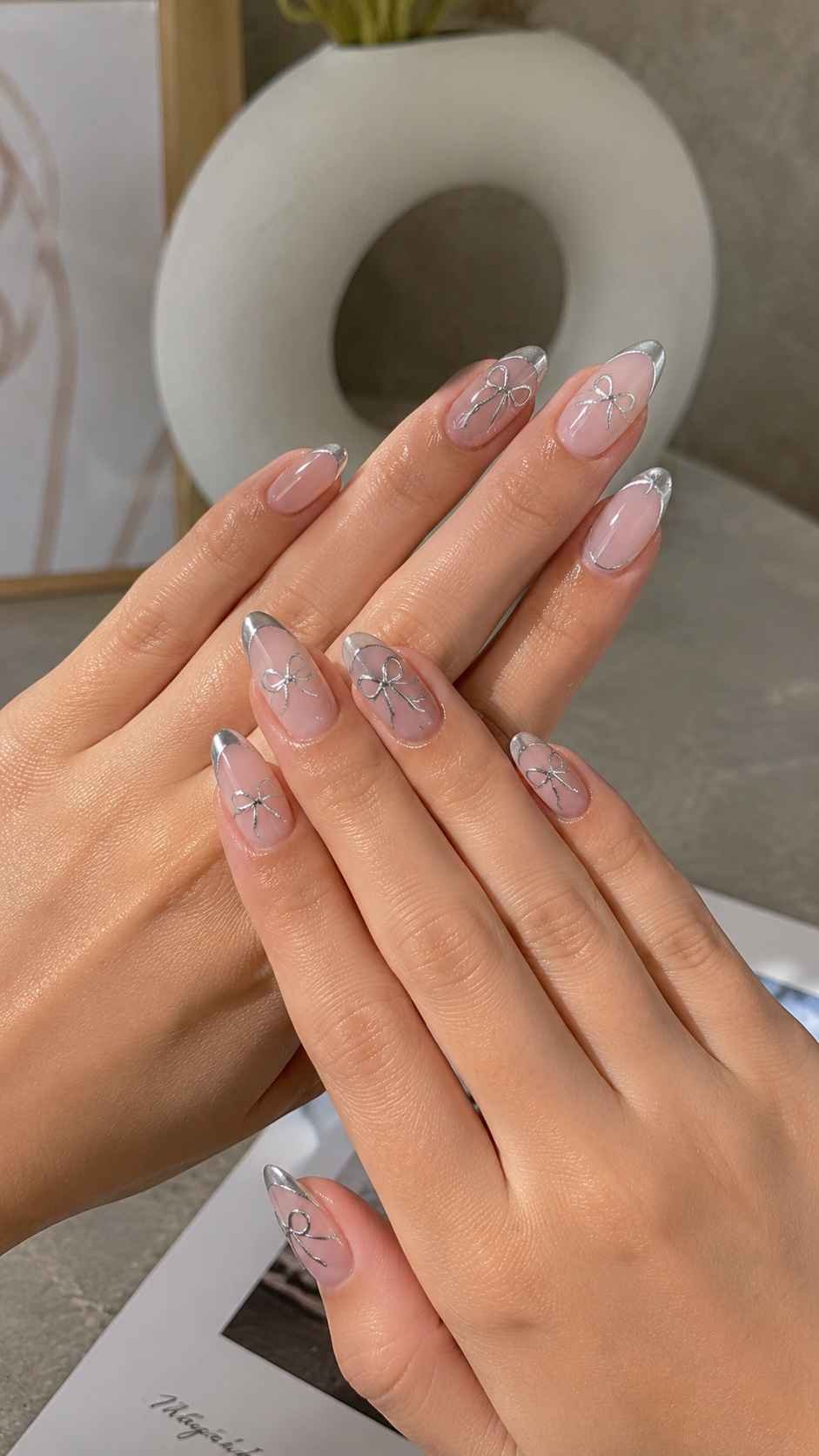 Silver Ribbon French Nails