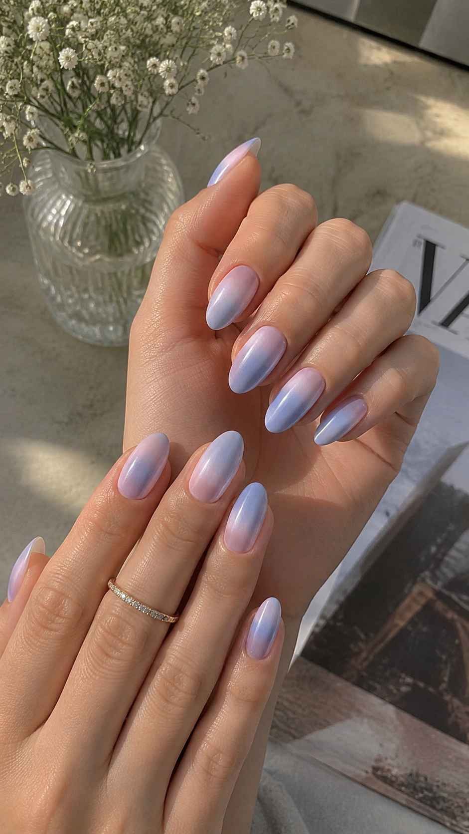 Skywashed Satin Nails With a Soft Fashion Finish