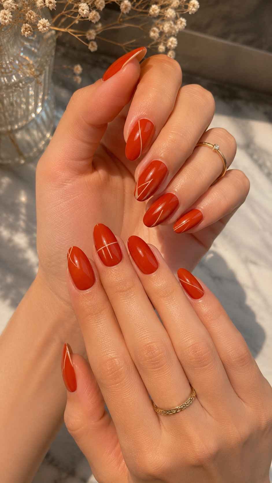 Tomato Lacquer Nails With Tailored Graphic Placement
