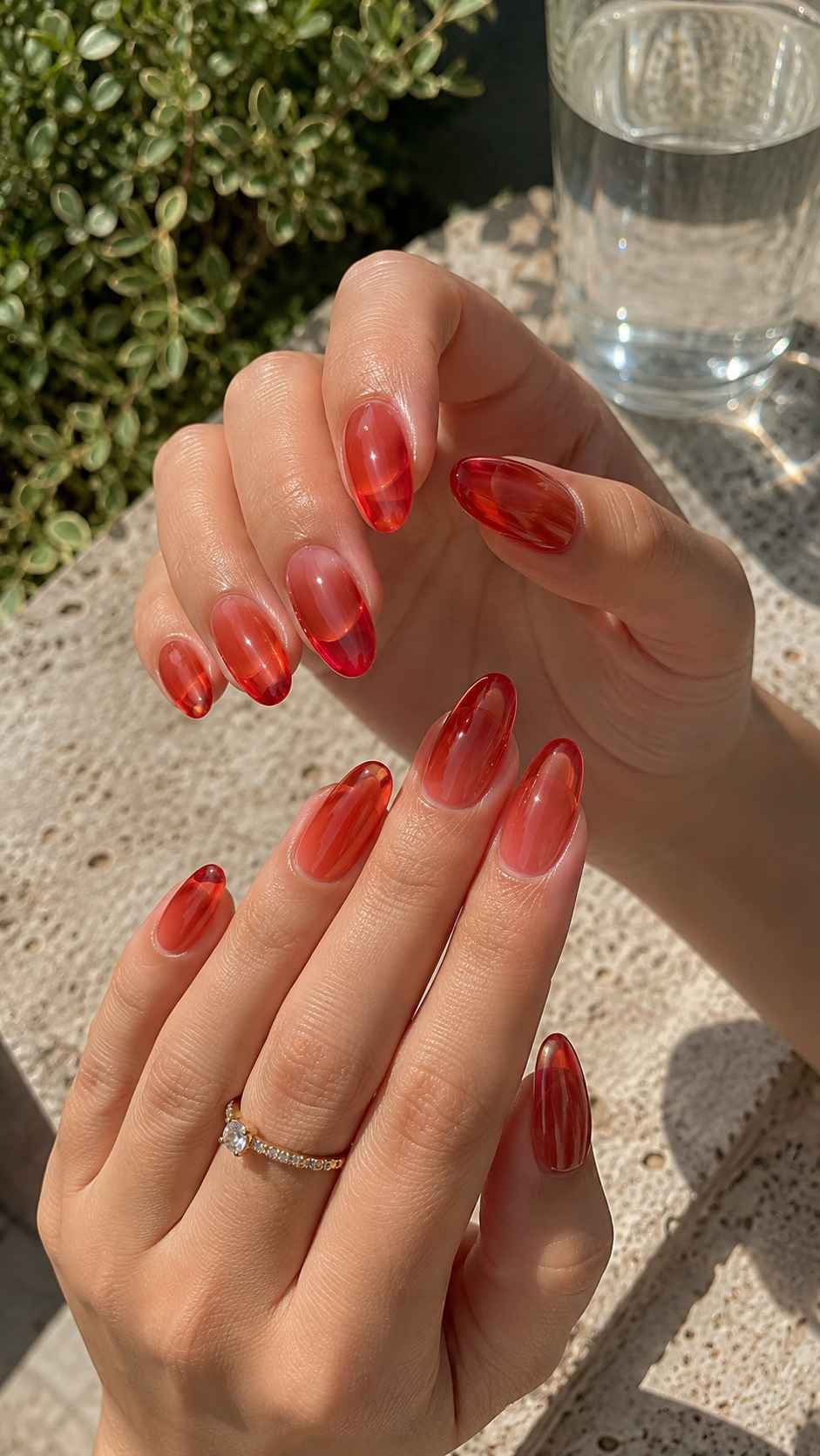 Tomato Red Glass Nails With Sunlit Transparency
